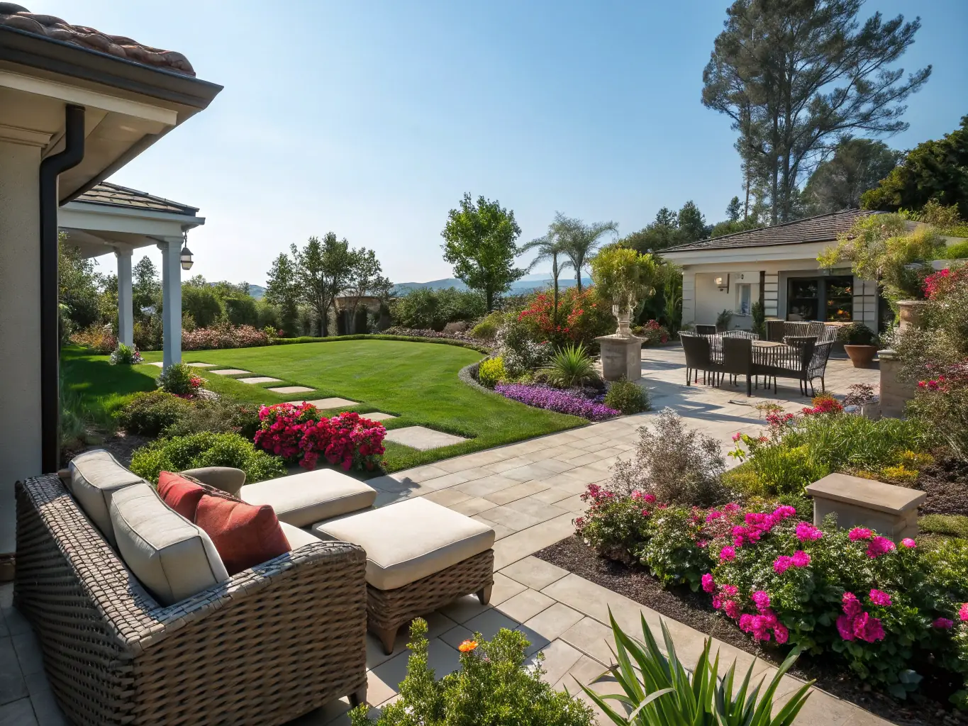 A lush, well-designed landscaped yard with plants, pathways, and lighting, creating a beautiful and functional outdoor space.