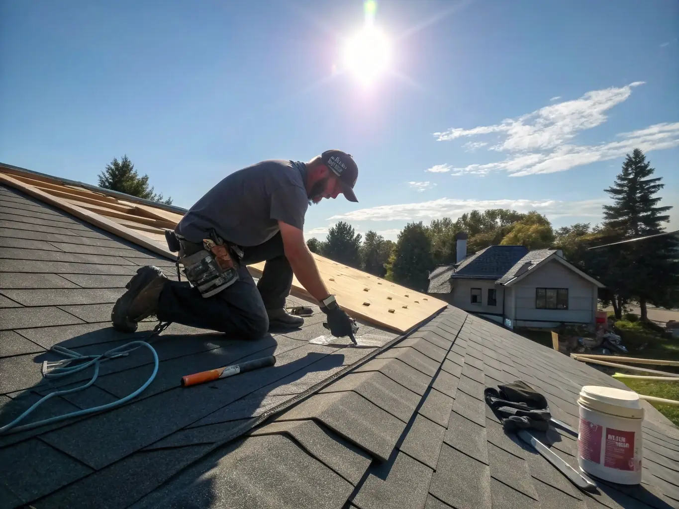 A professional roofer installing a new asphalt shingle roof on a Houston home, ensuring durability and weather resistance.