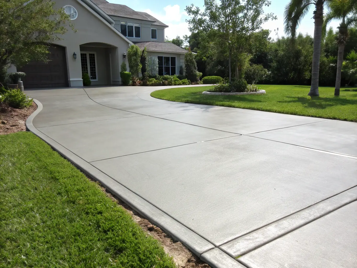 A close-up image of a freshly poured and smoothed concrete driveway, highlighting the clean lines and professional finish provided by Prime Struxture Contractors LLC.
