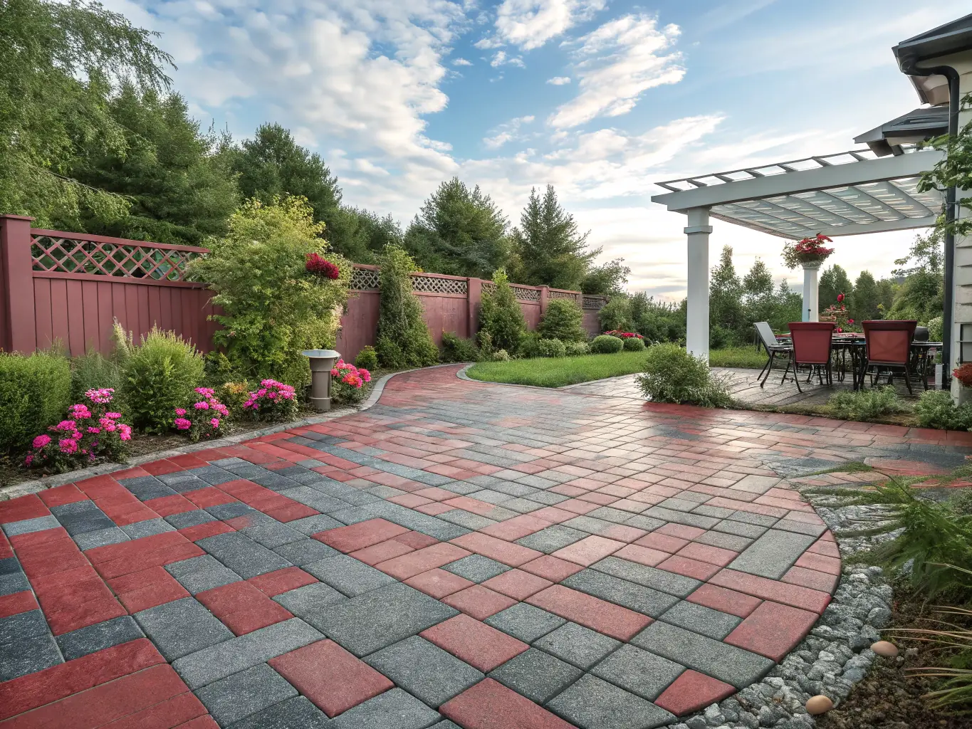 A beautifully landscaped backyard in Houston, featuring lush green grass, colorful flower beds, and a stone pathway, showcasing Prime Struxture Contractors LLC's landscaping expertise.