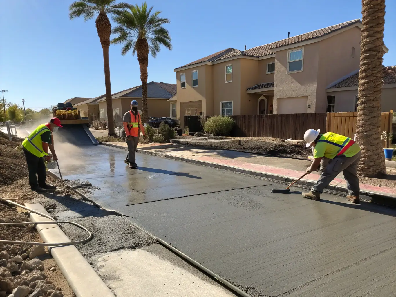 A team pouring and finishing concrete for a residential driveway in Houston, ensuring a smooth and durable surface.